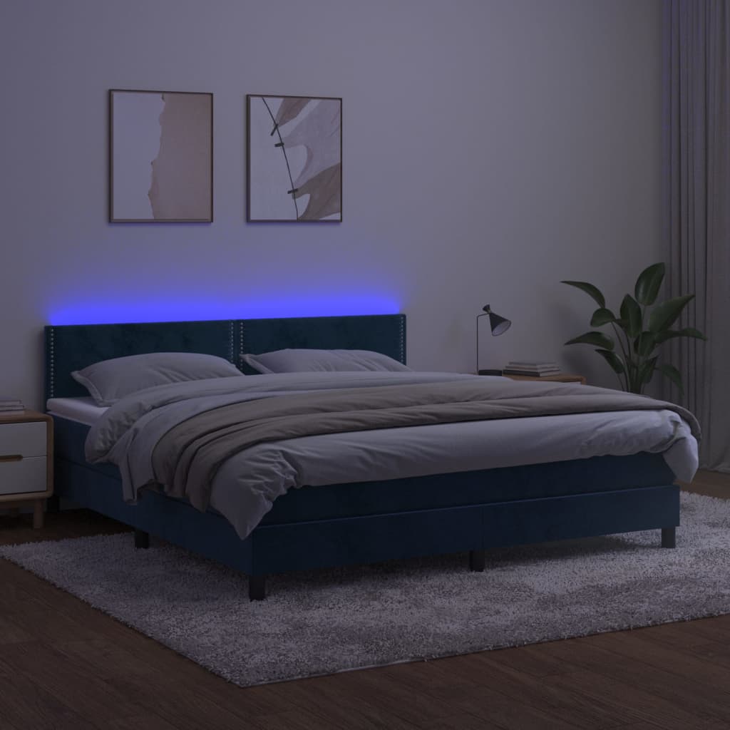 vidaXL sötétkék bársony rugós és LED-es ágy matraccal 160x200 cm