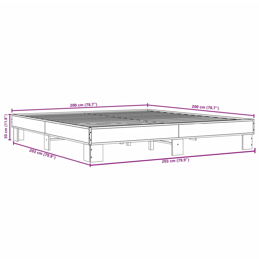 vidaXL füstös tölgy színű szerelt fa és fém ágykeret 200 x 200 cm