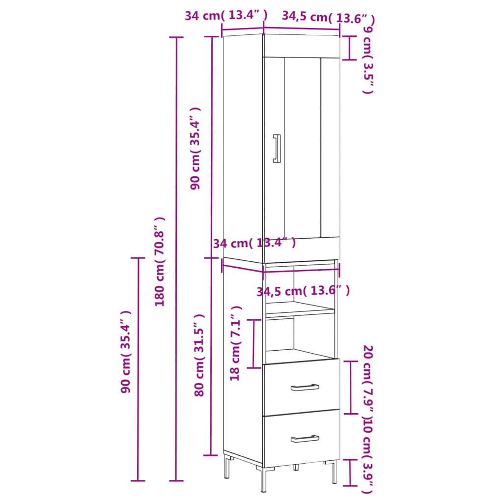 vidaXL fekete szerelt fa magasszekrény 34,5 x 34 x 180 cm