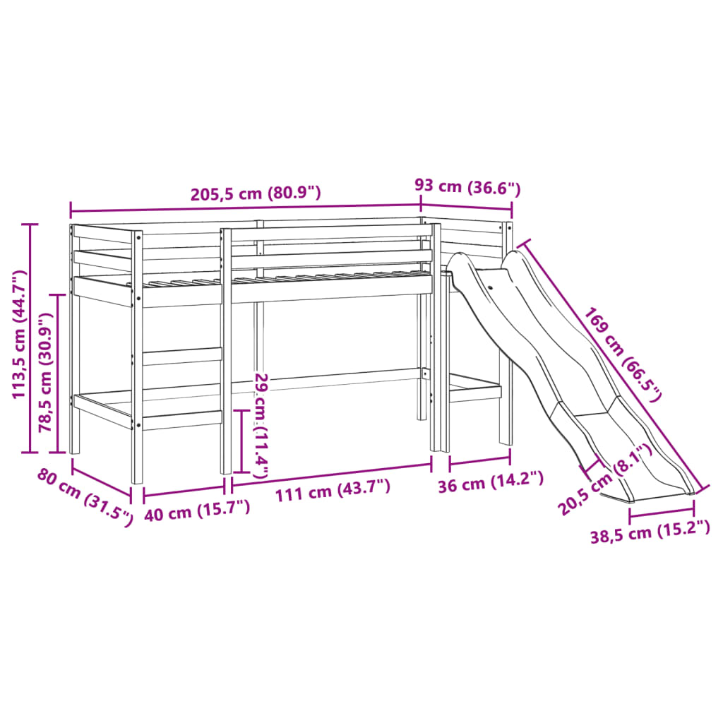 vidaXL kék tömör fenyőfa gyerek galériaágy alagúttal 80 x 200 cm