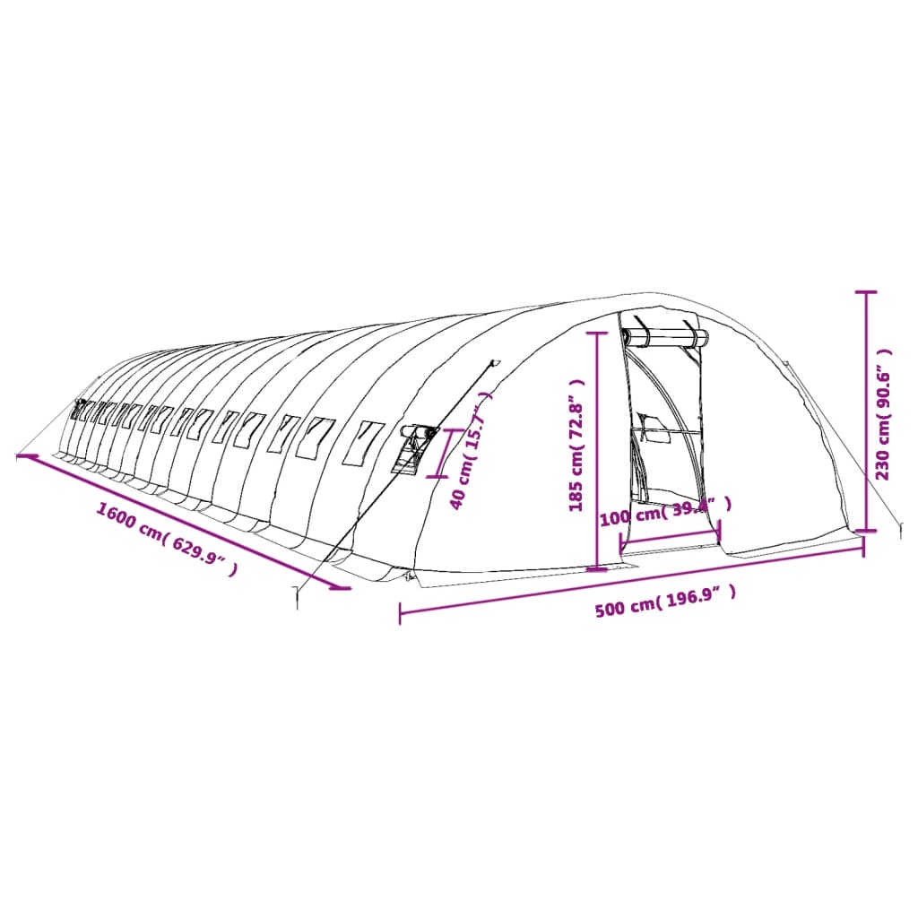 vidaXL zöld acélvázas melegház 80 m² 16 x 5 x 2,3 m