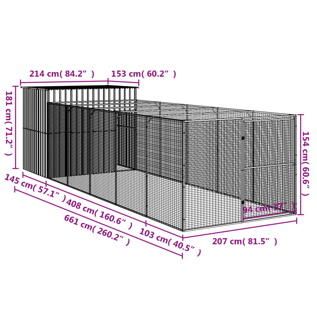 vidaXL antracitszürke horganyzott acél kutyakennel 214x661x181 cm