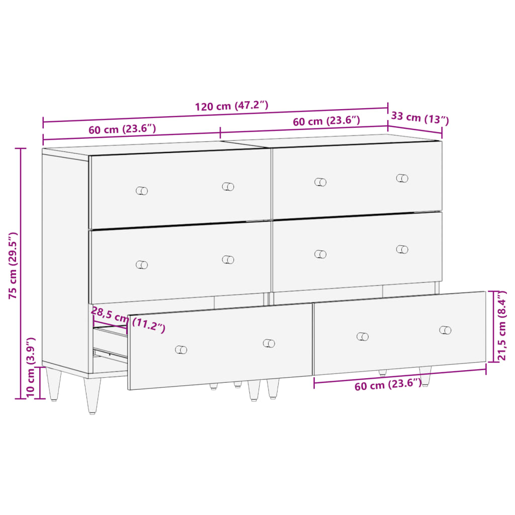 vidaXL 2 db tömör mangófa tálalószekrény 60 x 33 x 75 cm