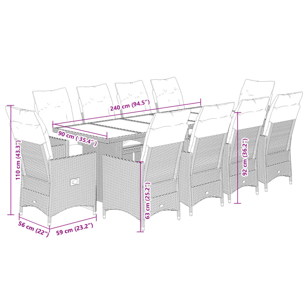 vidaXL 11 részes bézs polyrattan kerti bisztrógarnitúra párnákkal