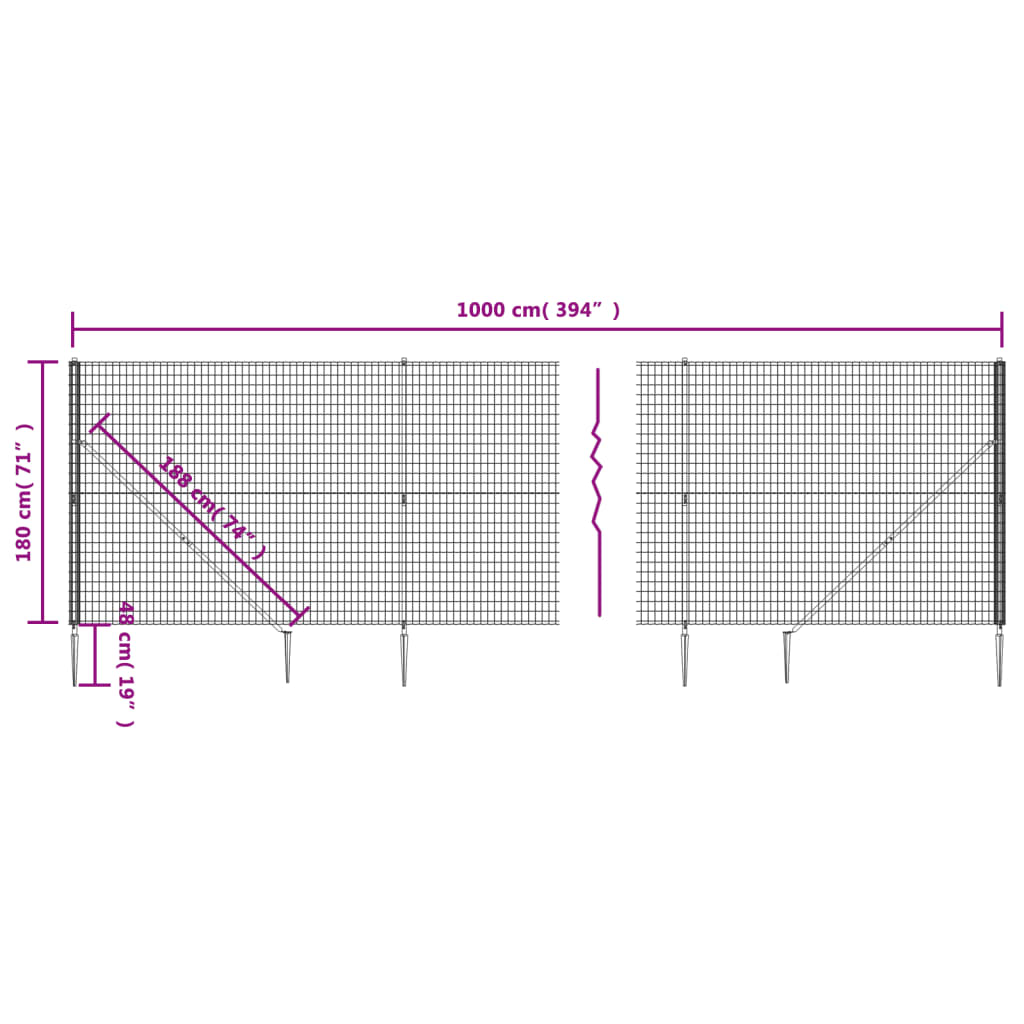 vidaXL antracitszürke dróthálós kerítés cövekekkel 1,8 x 10 m