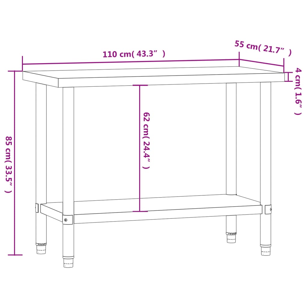 vidaXL rozsdamentes acél konyhai munkaasztal 110 x 55 x 85 cm