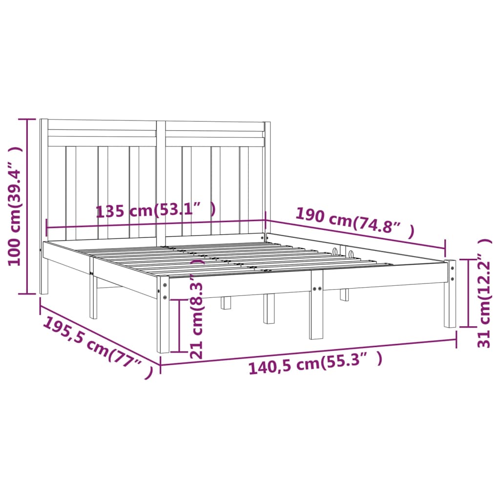 vidaXL Double fekete tömör fa ágykeret 135 x 190 cm