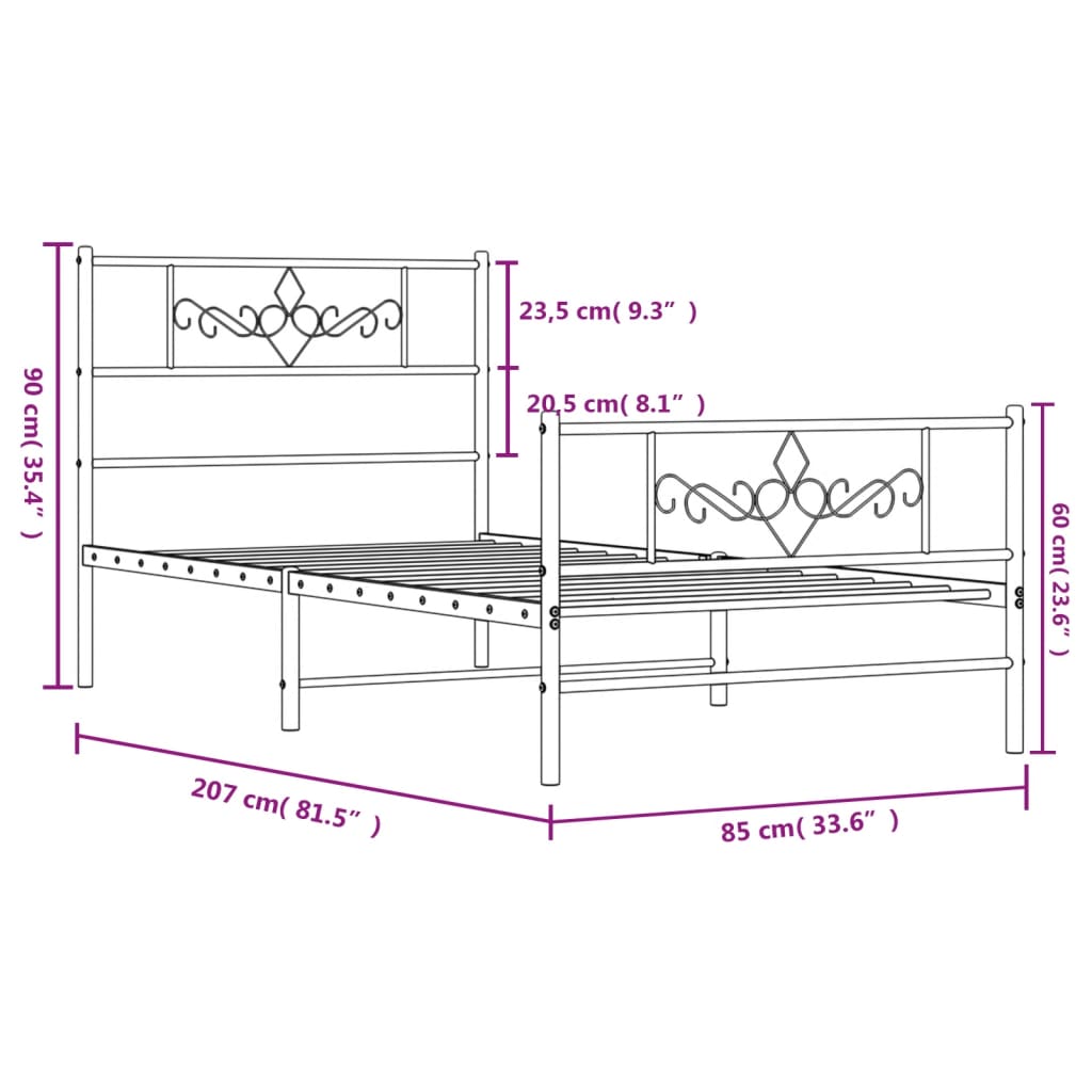 vidaXL fehér fém ágykeret fej- és lábtámlával 80x200 cm