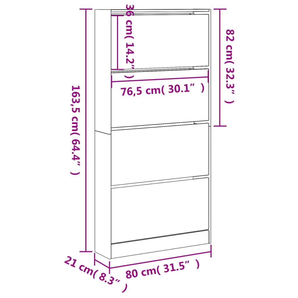 vidaXL fehér cipőszekrény 4 kihajtható fiókkal 80 x 21 x 163,5 cm