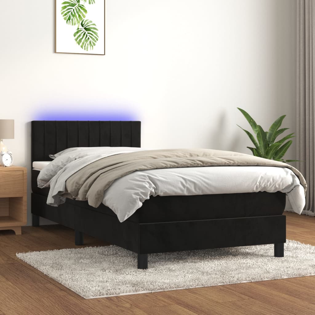 vidaXL fekete bársony rugós és LED-es ágy matraccal 90x190 cm