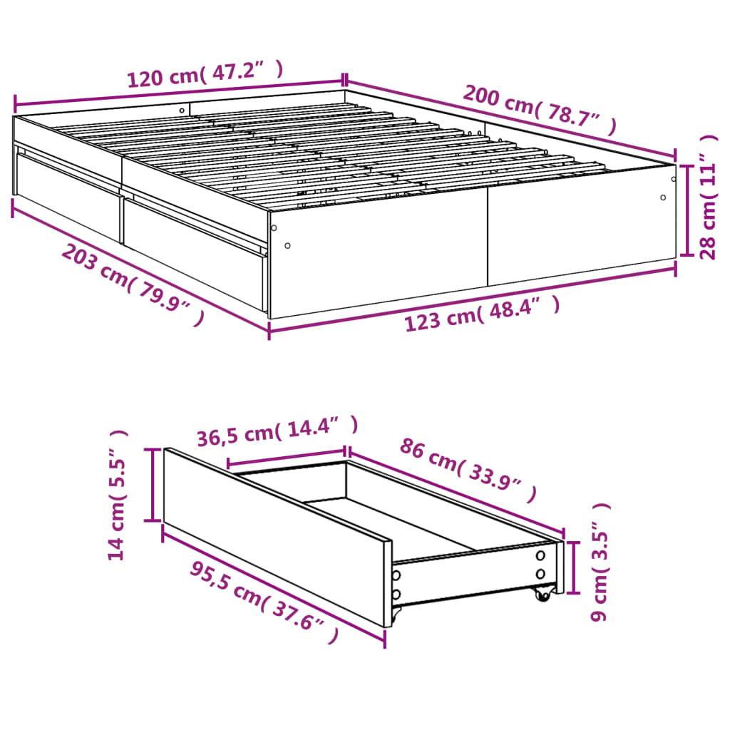 vidaXL füstös tölgy színű szerelt fa ágykeret fiókokkal 120 x 200 cm