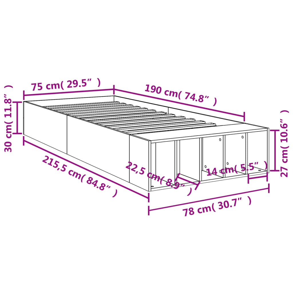 vidaXL sonoma tölgyszínű szerelt fa ágykeret 75 x 190 cm