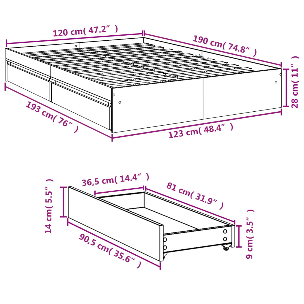 vidaXL betonszürke szerelt fa ágykeret fiókokkal 120 x 190 cm