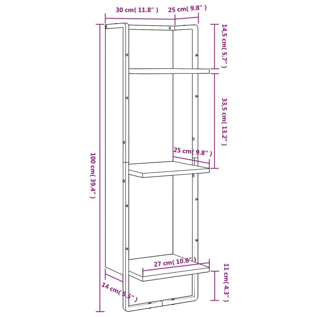 vidaXL 3 szintes fekete szerelt fa fali polc 30x25x100 cm