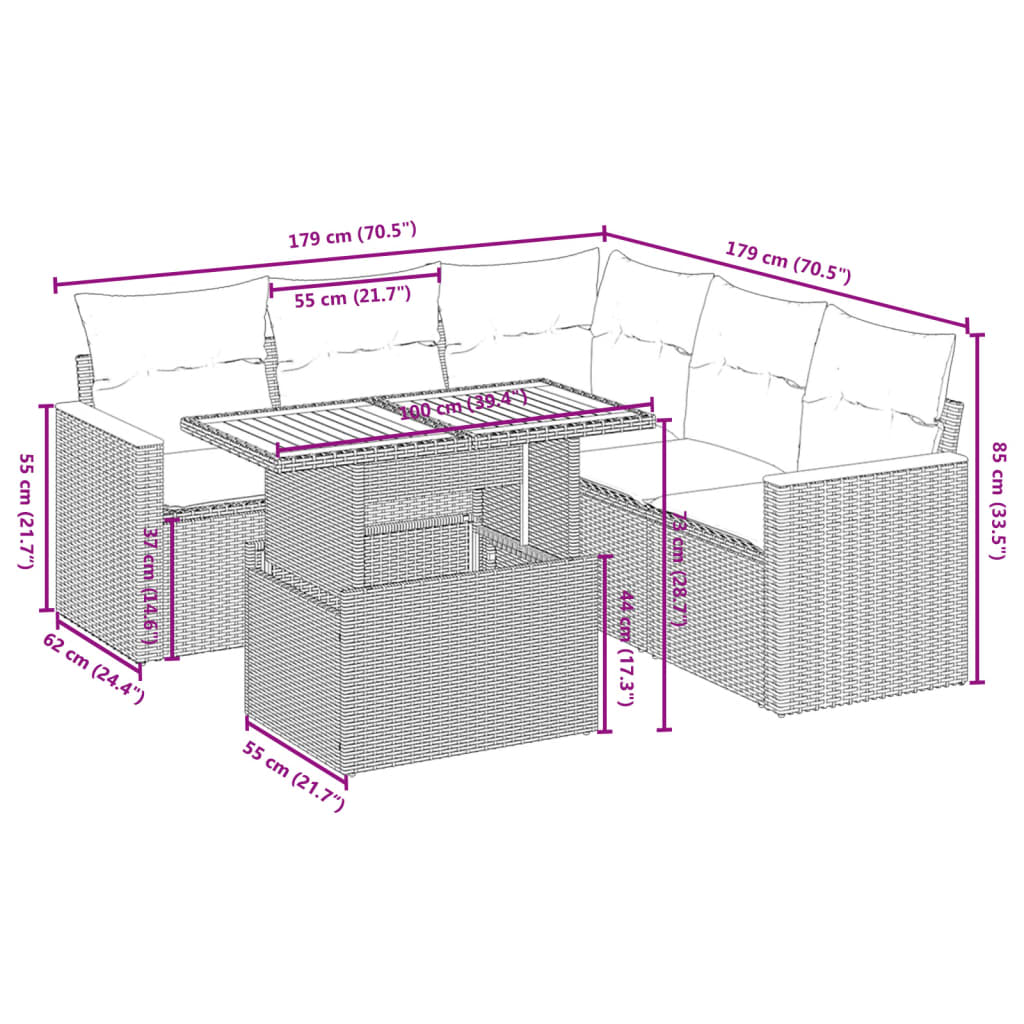 vidaXL 6 részes fekete polyrattan kerti ülőgarnitúra párnákkal