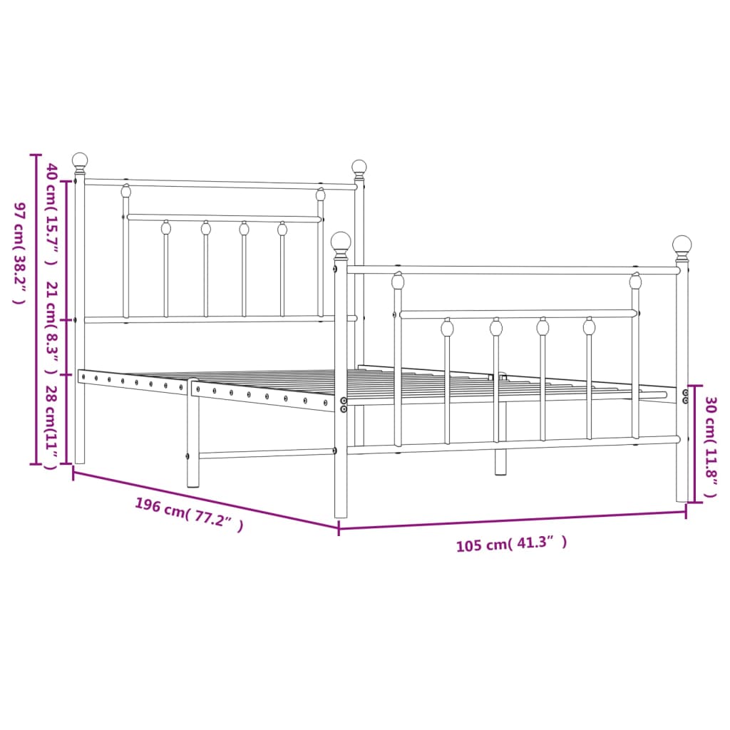 vidaXL fehér fém ágykeret fej- és lábtámlával 100 x 190 cm