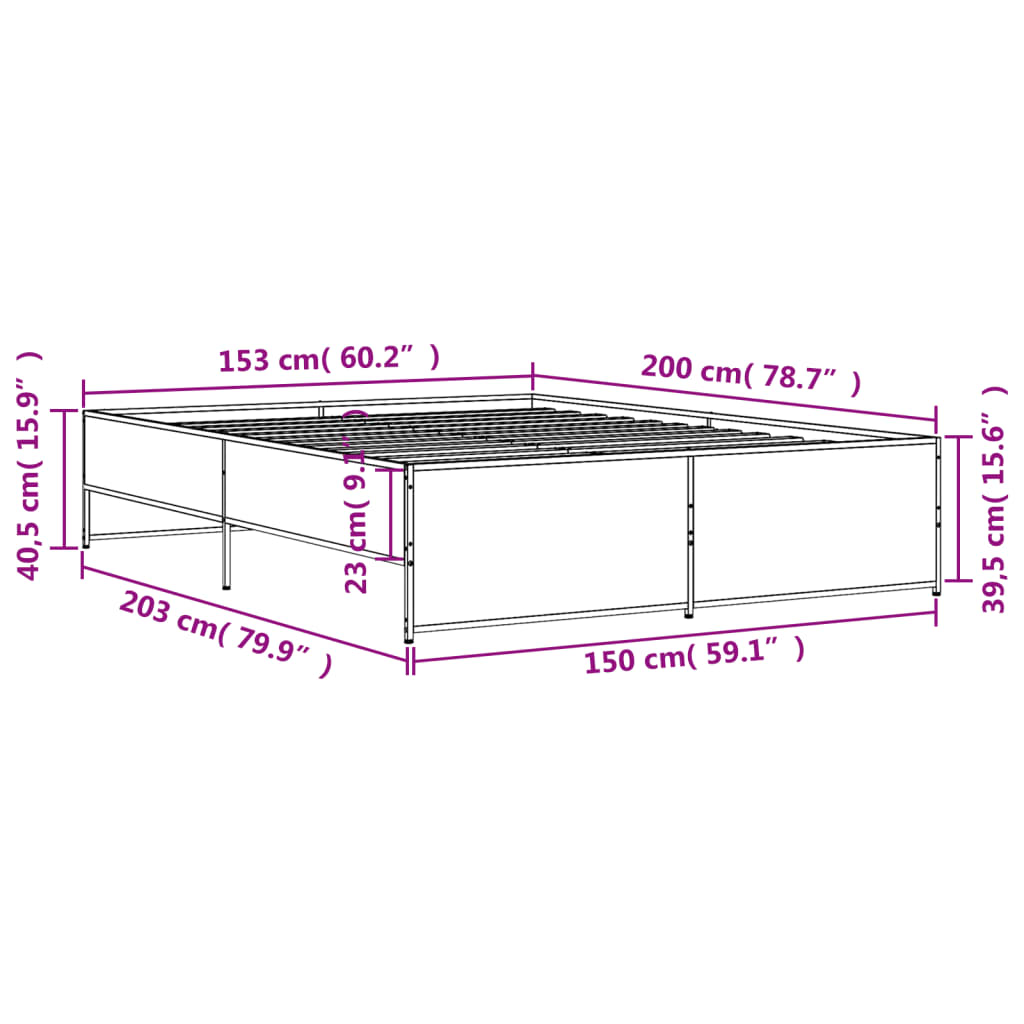 vidaXL füstös tölgy színű szerelt fa és fém ágykeret 150 x 200 cm