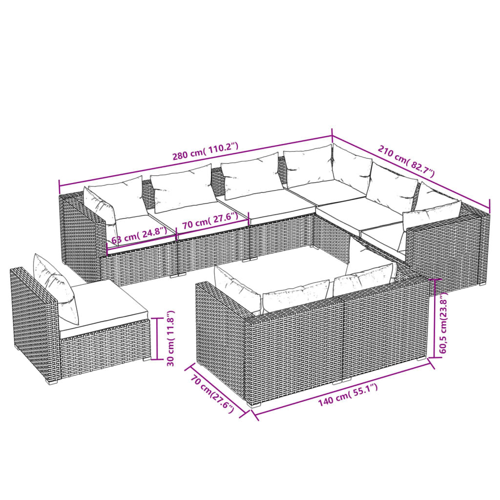 vidaXL 9 részes fekete polyrattan kerti ülőgarnitúra párnákkal