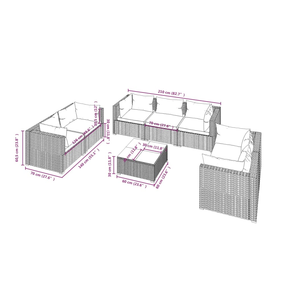 vidaXL 8 részes szürke polyrattan kerti ülőgarnitúra párnákkal