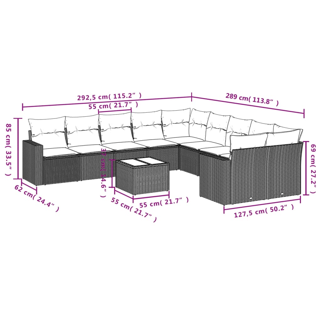 vidaXL 11 részes világosszürke polyrattan kerti ülőgarnitúra párnákkal