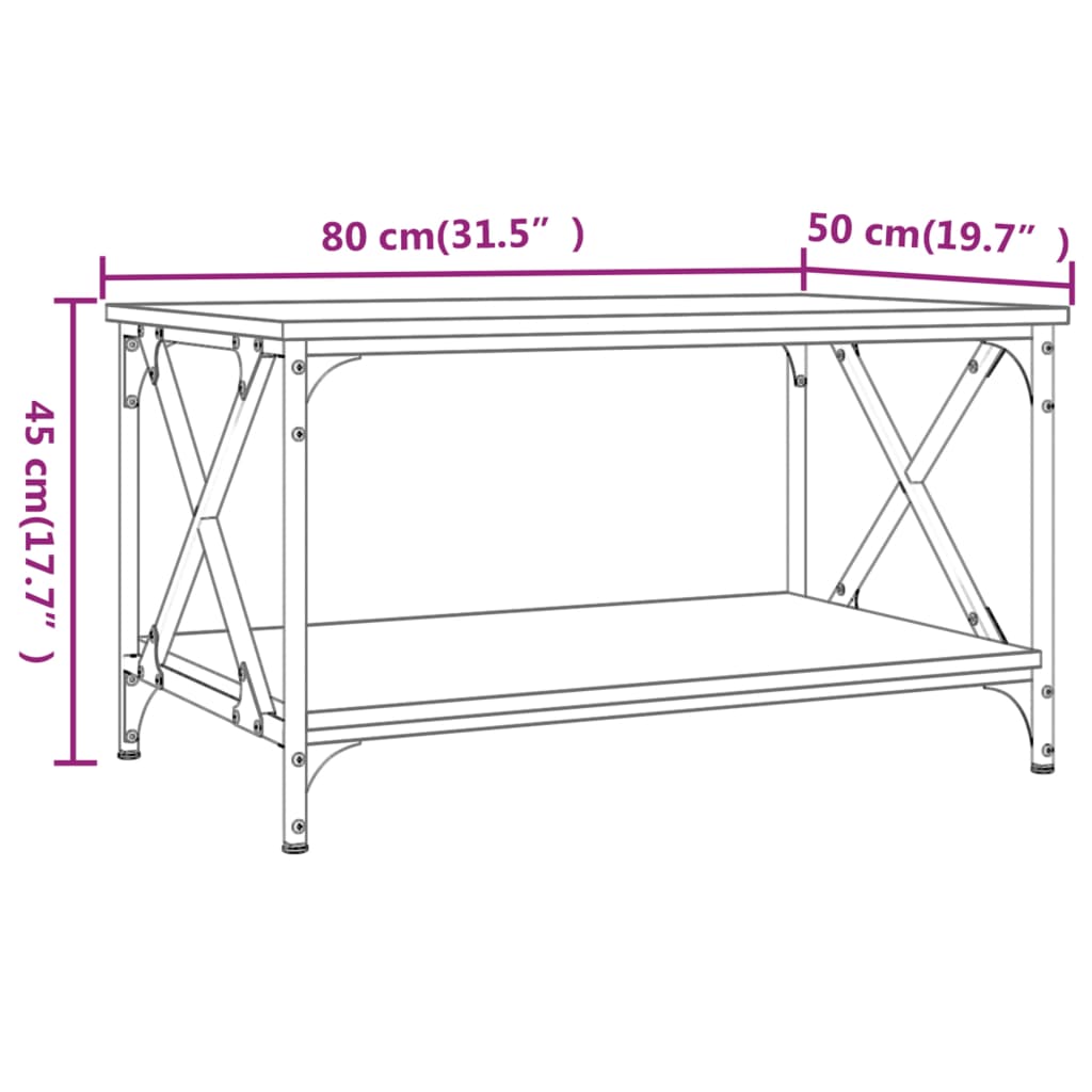 vidaXL füstös tölgy színű szerelt fa és vas dohányzóasztal 80x50x45 cm