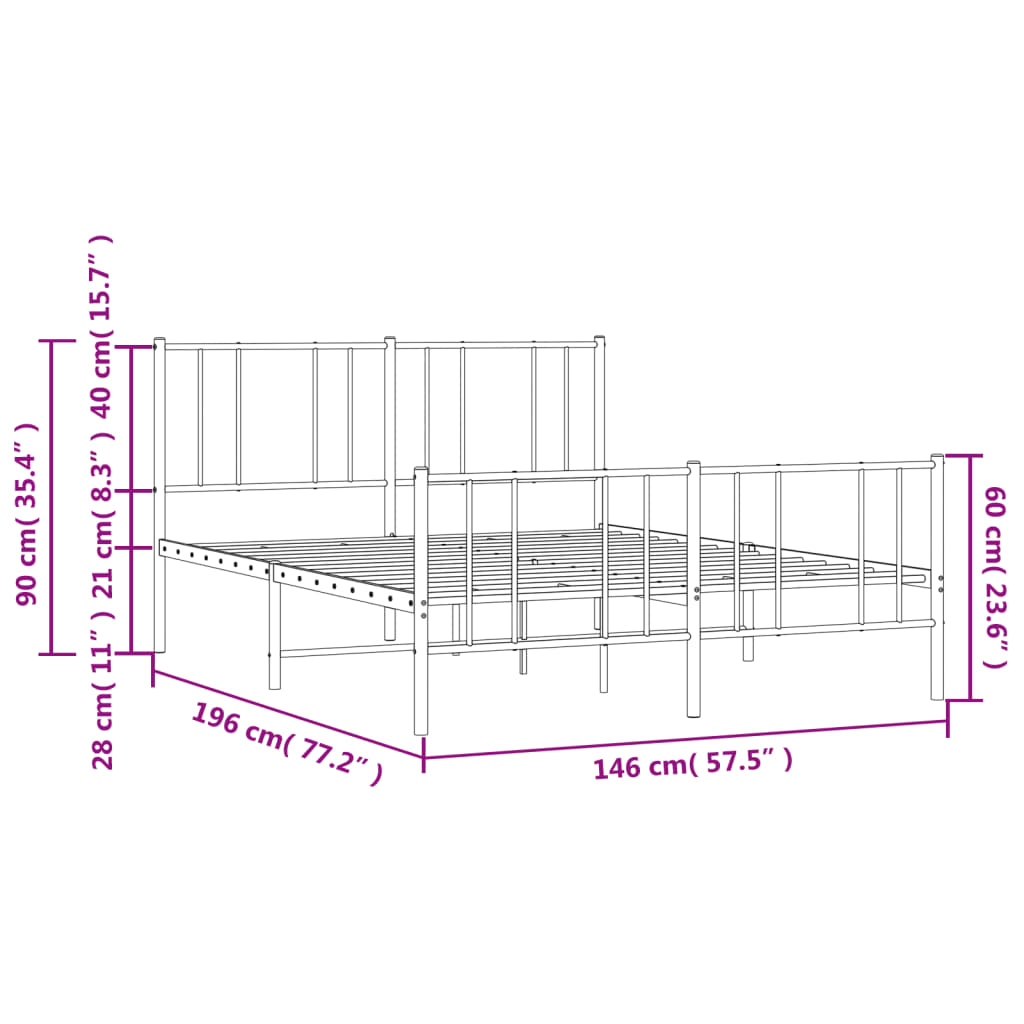 vidaXL fekete fém ágykeret fej- és lábtámlával 140 x 190 cm