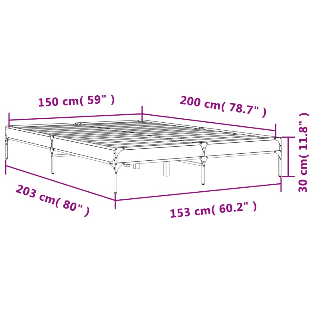 vidaXL füstös tölgyszínű szerelt fa és fém ágykeret 150 x 200 cm