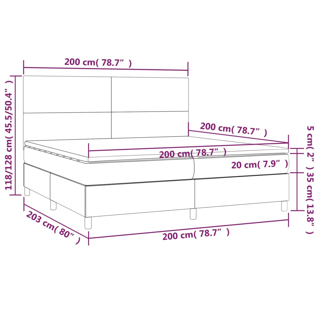 vidaXL sötétszürke szövet rugós és LED-es ágy matraccal 200x200 cm