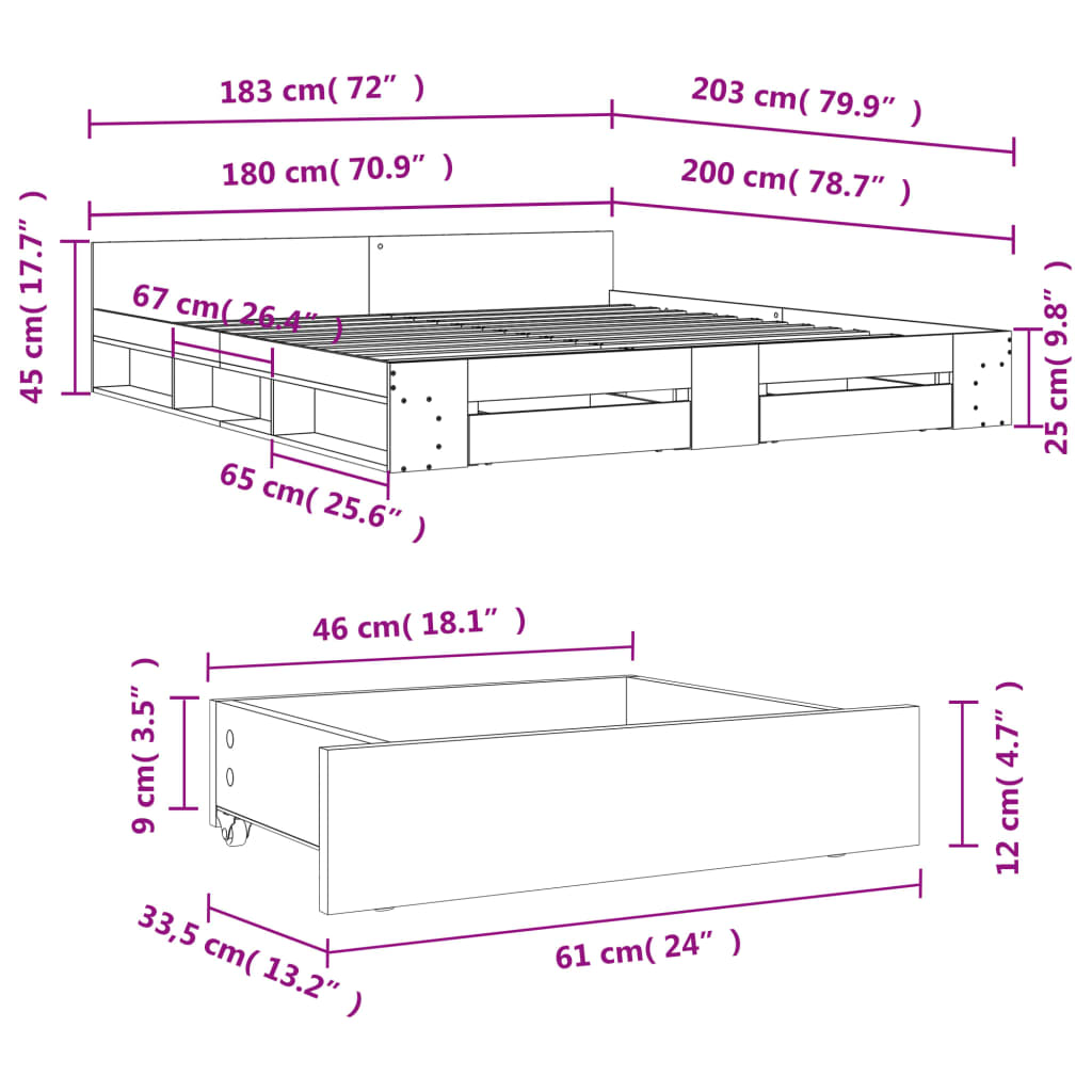 vidaXL szürke sonoma színű szerelt fa ágykeret fiókokkal 180 x 200 cm