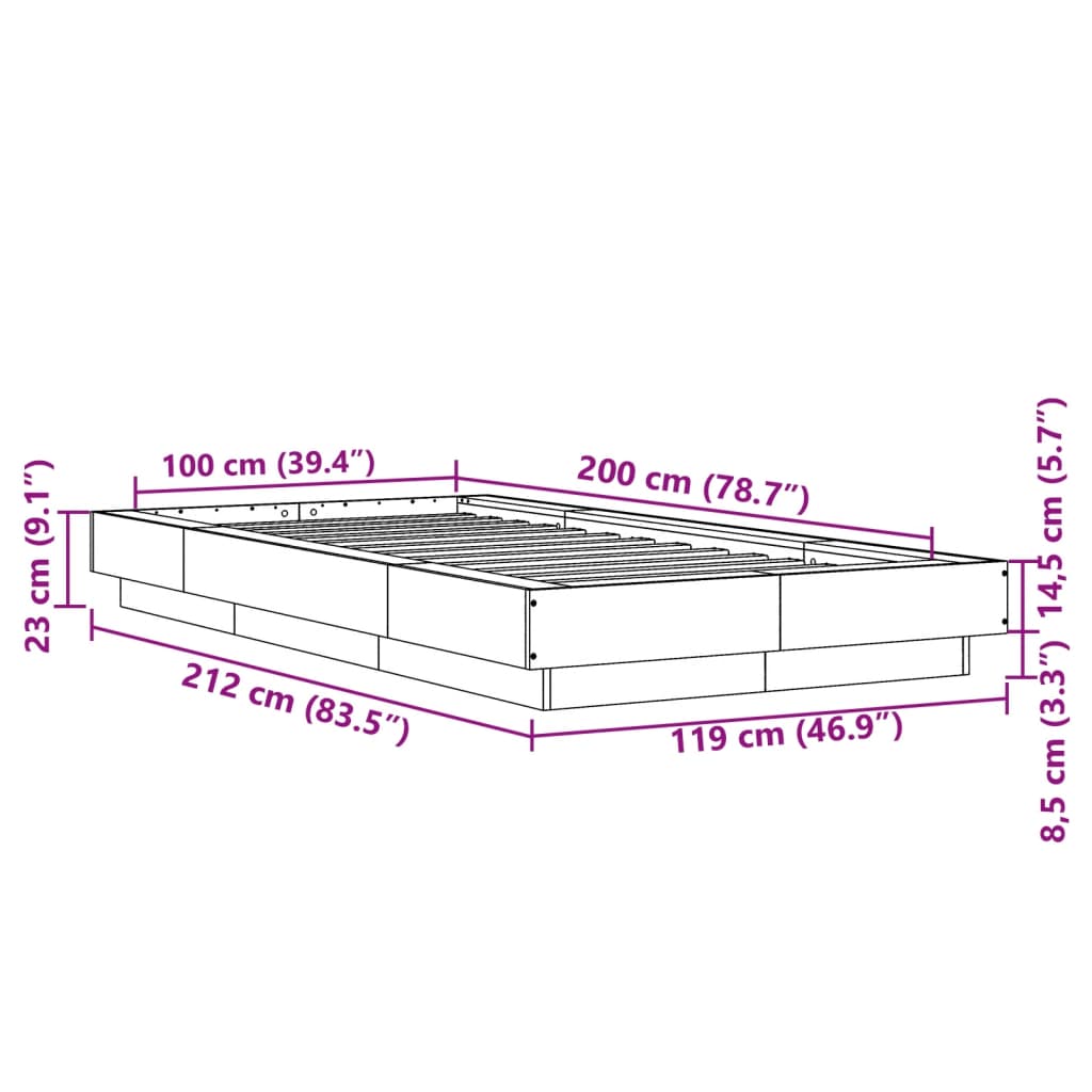 vidaXL barna tölgyszínű szerelt fa ágykeret LED-del 100 x 200 cm