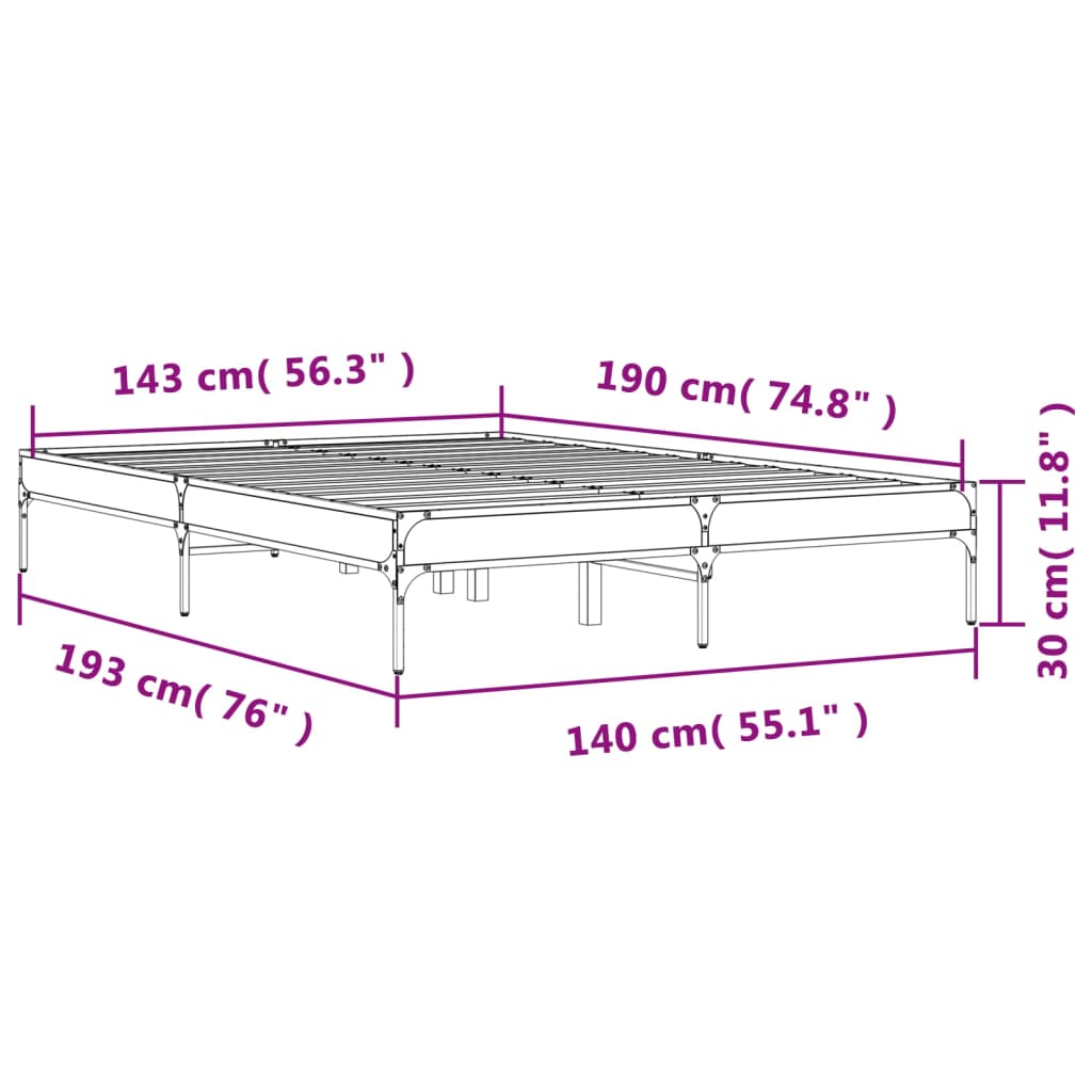 vidaXL füstös tölgyszínű szerelt fa és fém ágykeret 140x190 cm