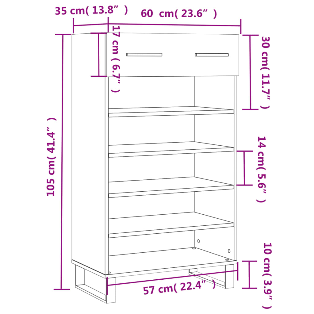 vidaXL füstös tölgy színű szerelt fa cipőszekrény 60 x 35 x 105 cm