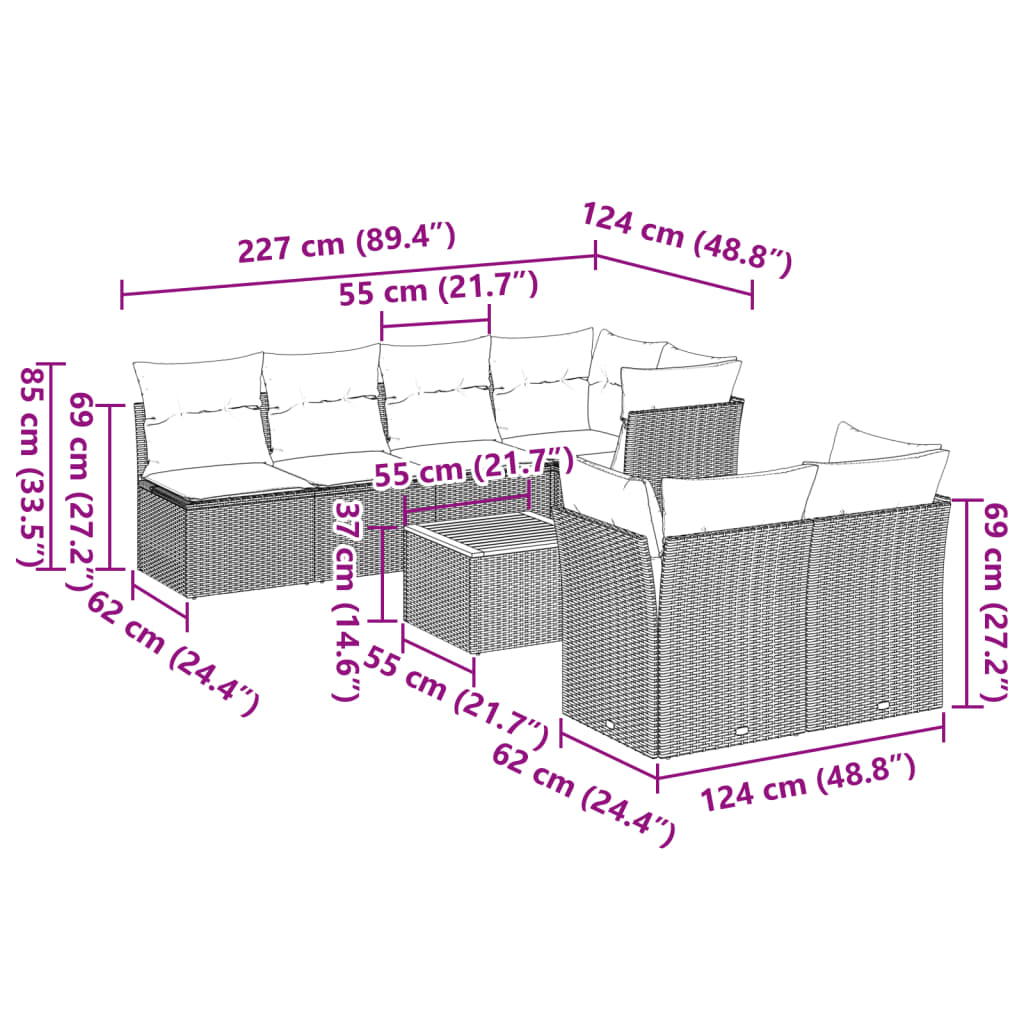 vidaXL 8 részes szürke polyrattan kerti ülőgarnitúra párnákkal