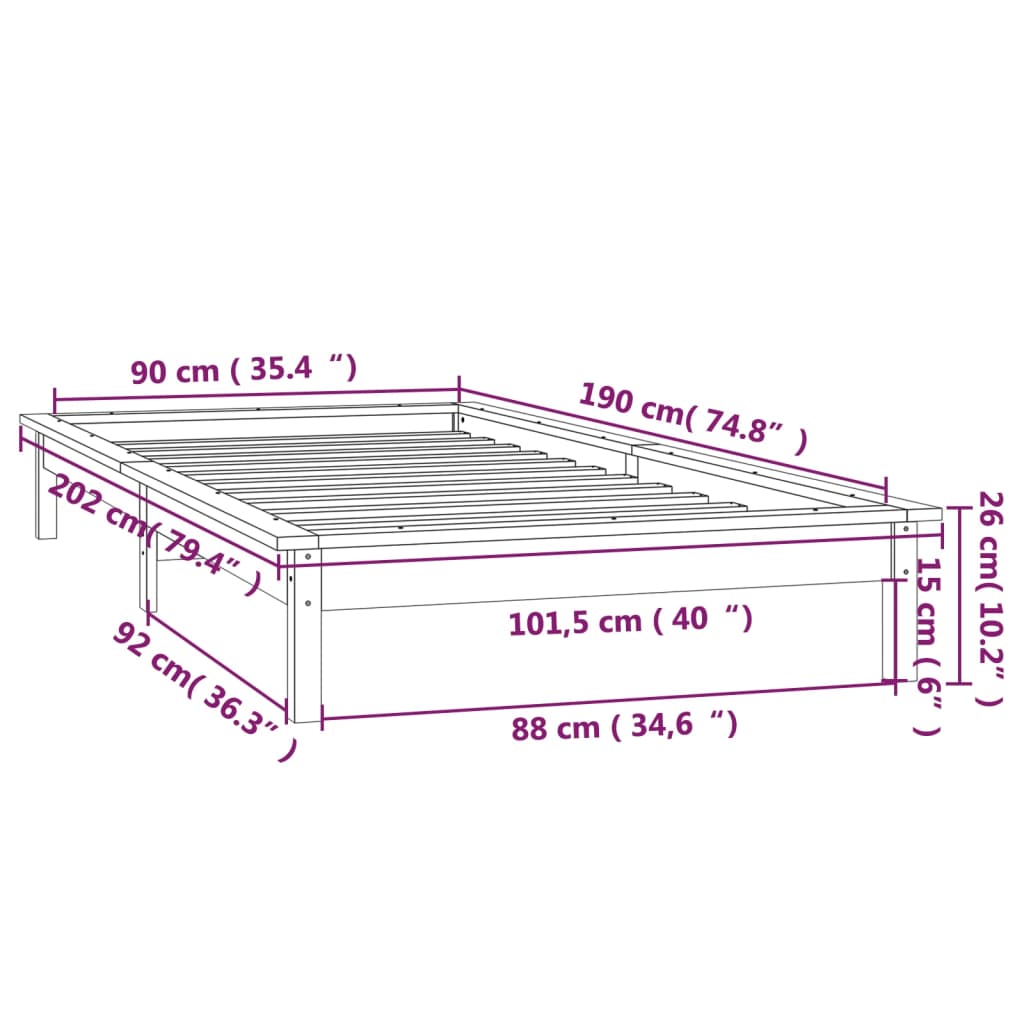 vidaXL egyszemélyes mézbarna tömör fa LED-es ágykeret 90 x 190 cm