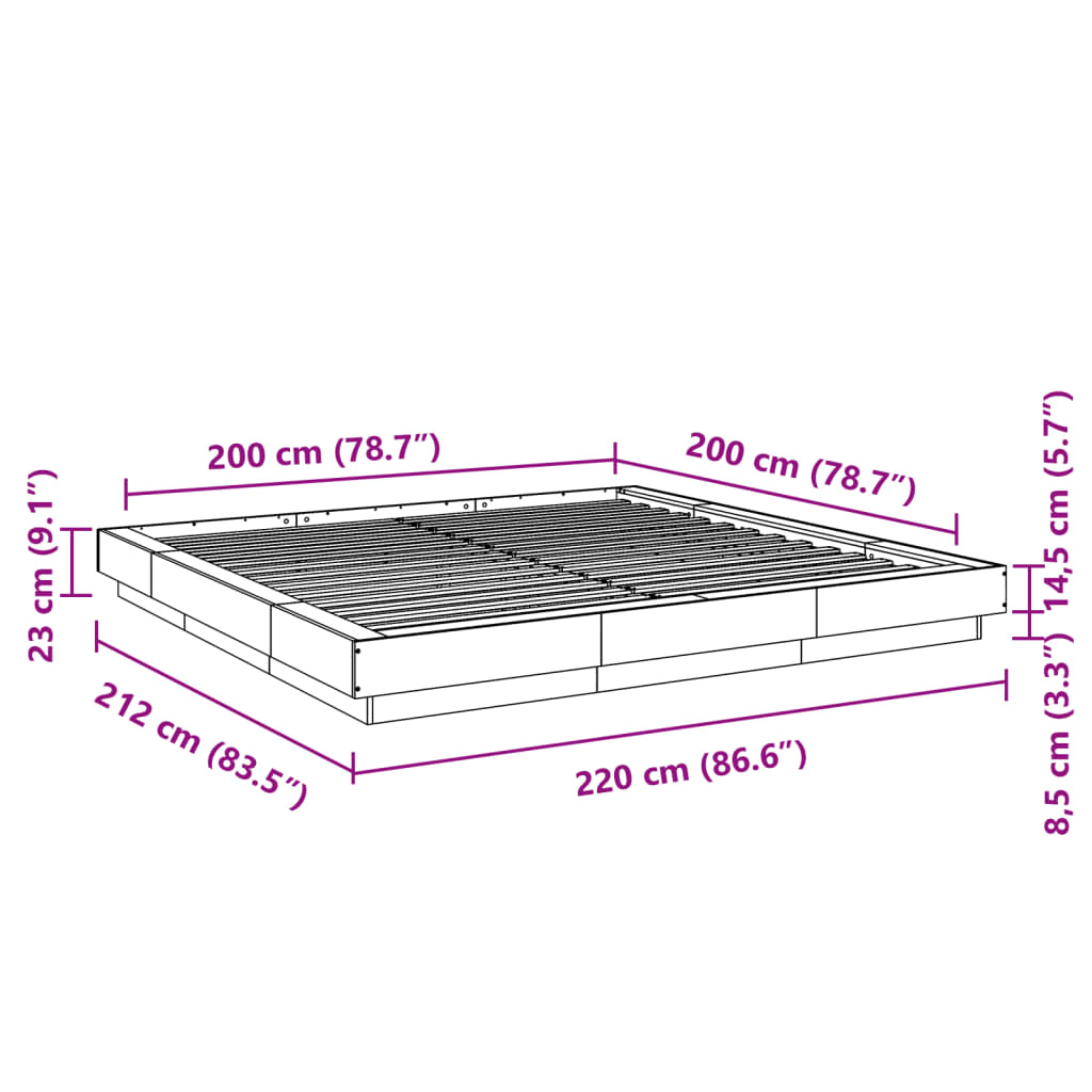 vidaXL barna tölgy színű szerelt fa ágykeret LED-del 200 x 200 cm