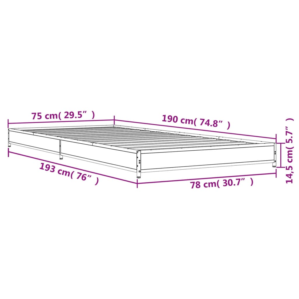 vidaXL sonoma tölgyszínű szerelt fa és fém ágykeret 75 x 190 cm