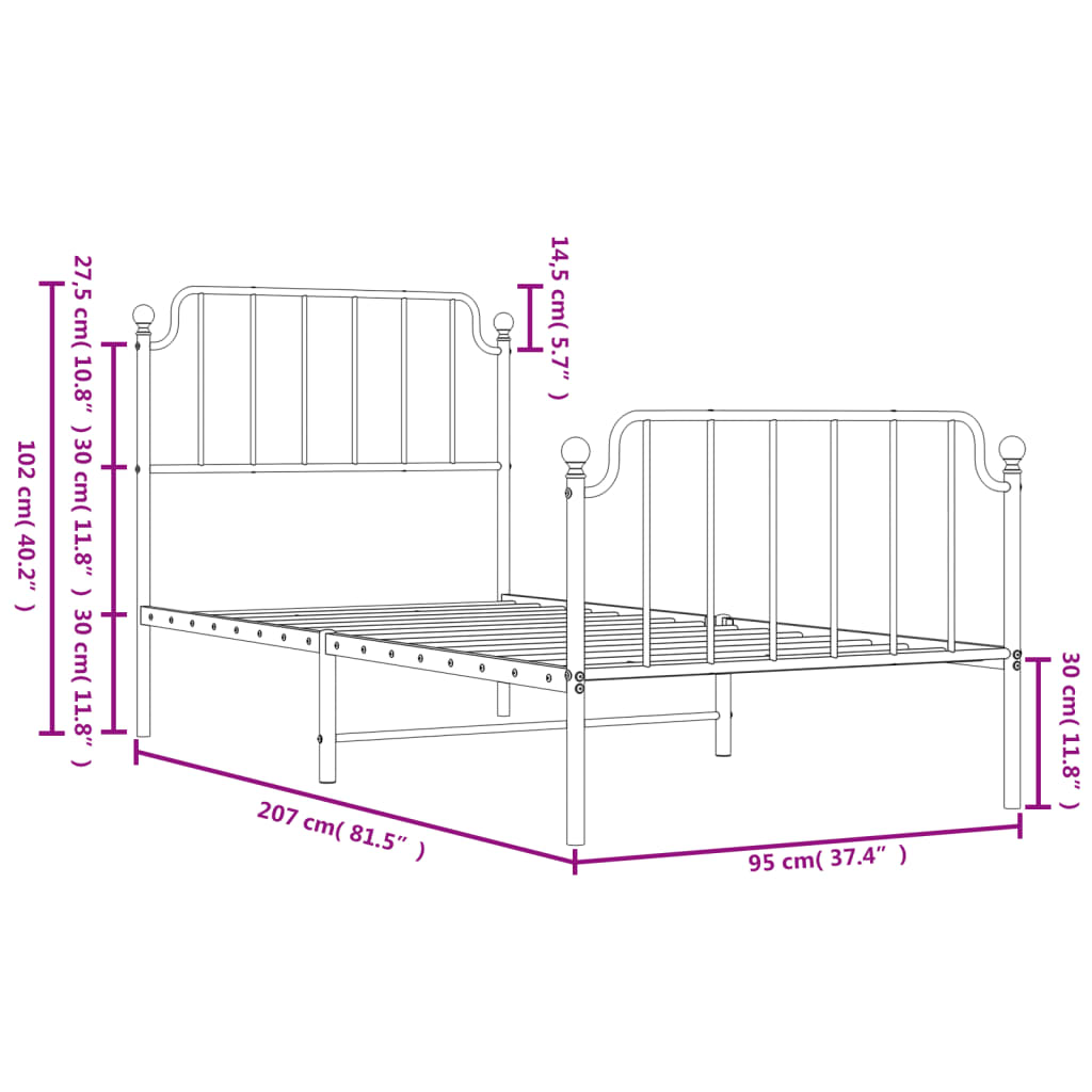 vidaXL fekete fém ágykeret fej- és lábtámlával 90 x 200 cm