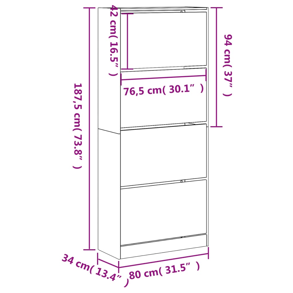 vidaXL sonoma tölgy cipőszekrény 4 kihajtható fiókkal 80x34x187,5 cm