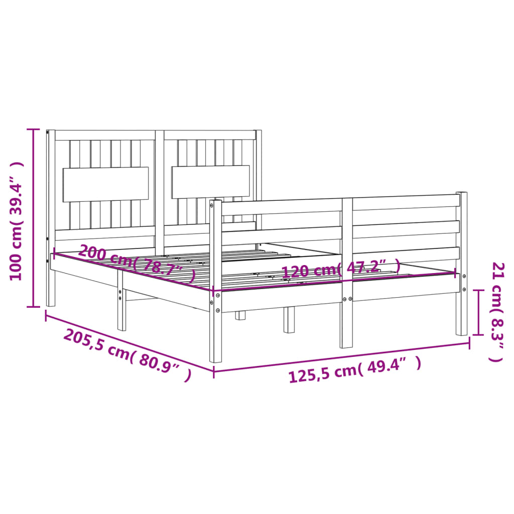 vidaXL tömör fa ágykeret fejtámlával 120 x 200 cm