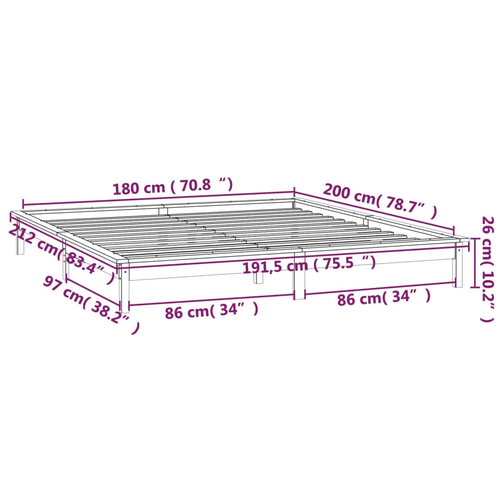 vidaXL 6FT Super King szürke tömör fa LED-es ágykeret 180 x 200 cm