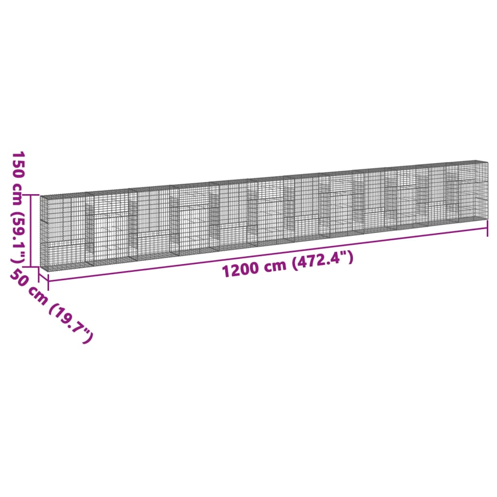 vidaXL horganyzott vas gabion kosár fedéllel 1200 x 50 x 150 cm