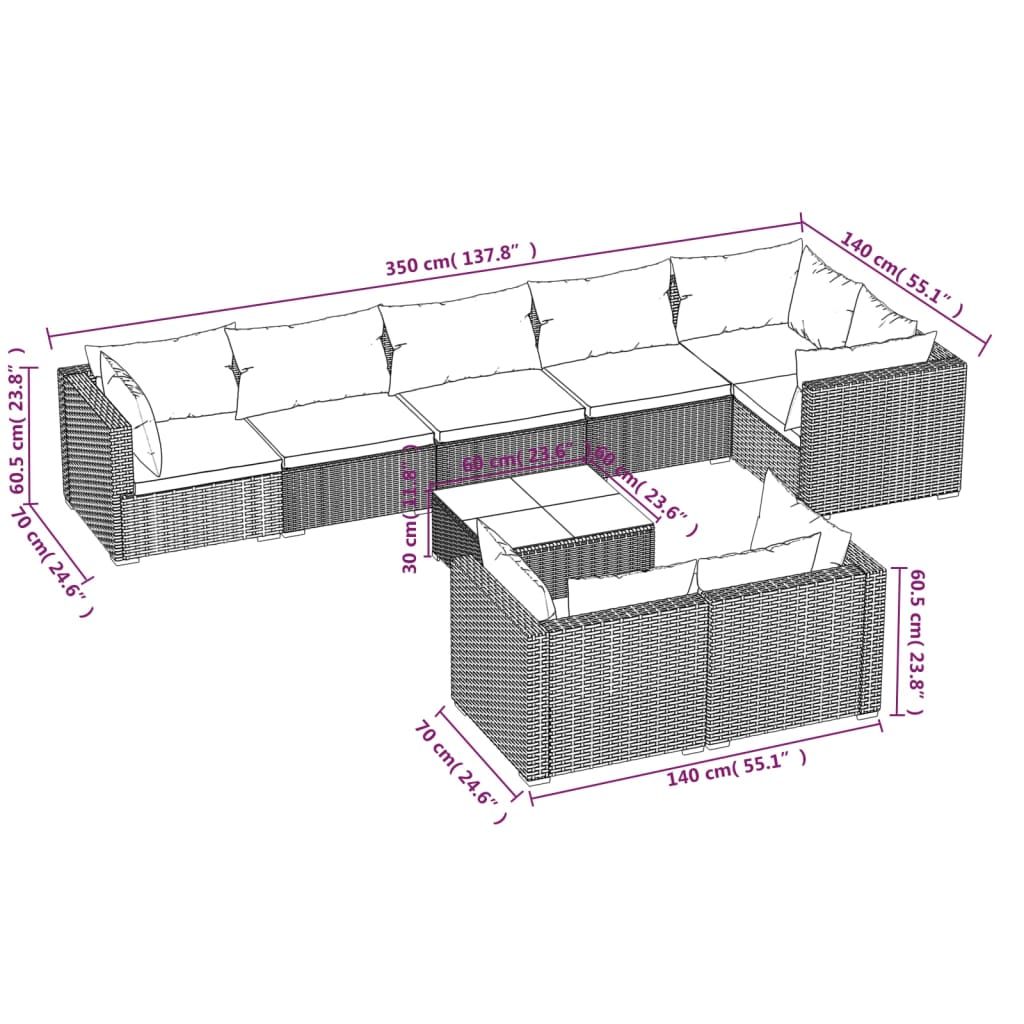 vidaXL 9 részes fekete polyrattan kerti ülőgarnitúra párnákkal