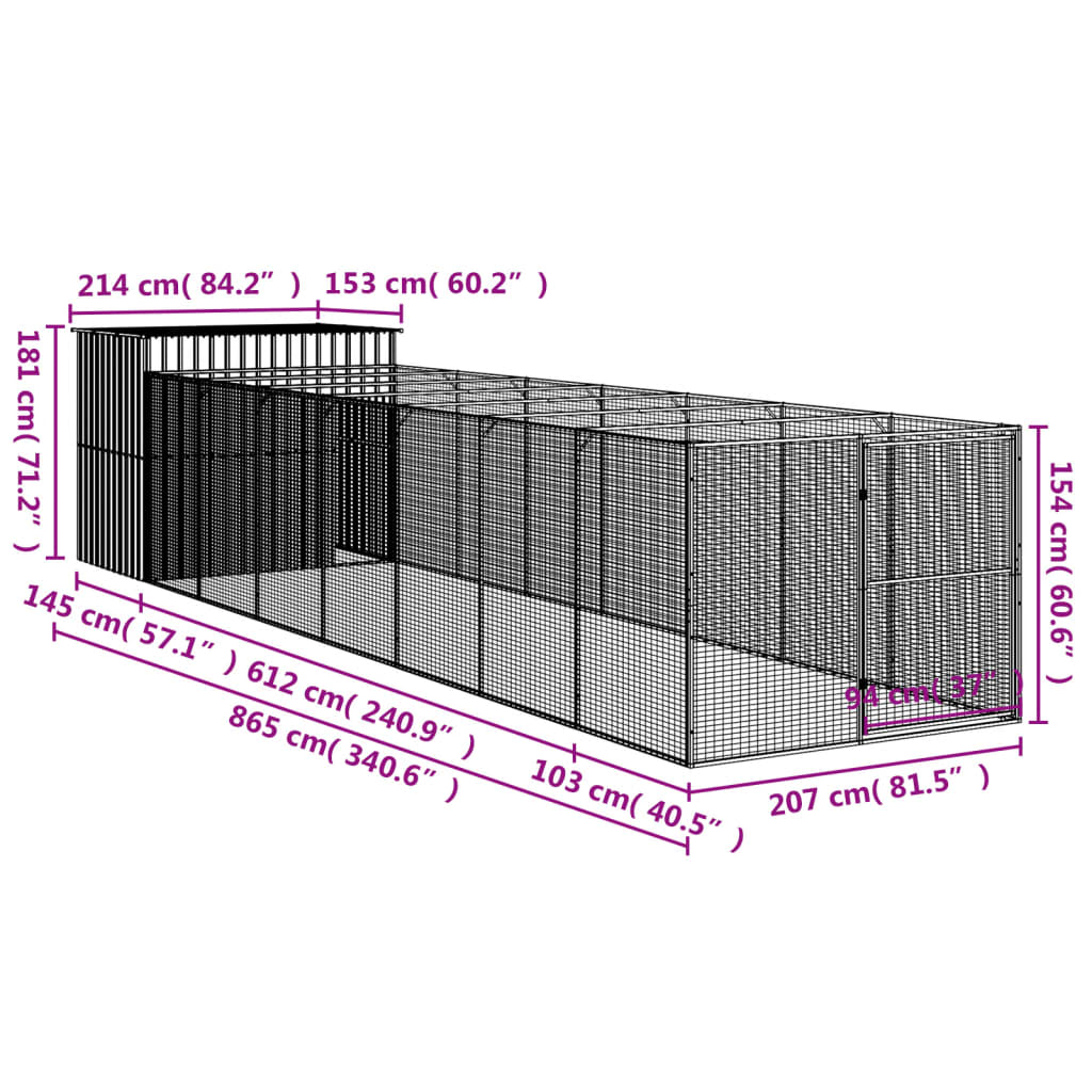 vidaXL antracitszürke horganyzott acél kutyakennel 214x865x181 cm