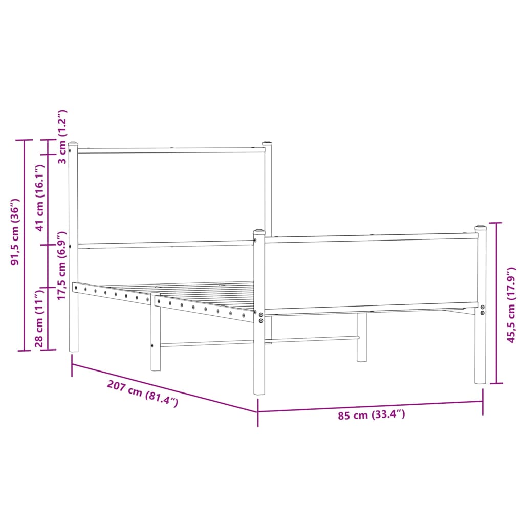 vidaXL barna tölgy színű fém ágykeret fej- és lábtámlával 80 x 200 cm