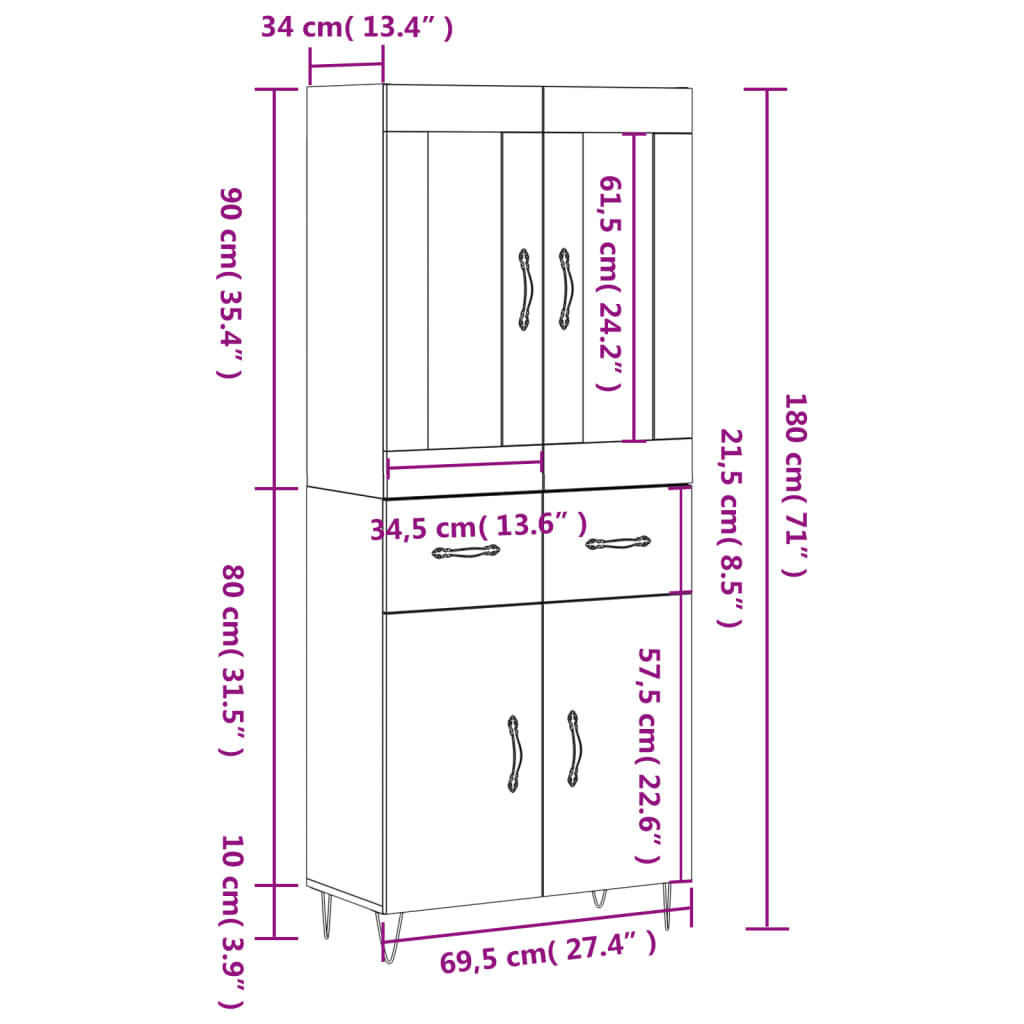 vidaXL barna tölgy színű szerelt fa magasszekrény 69,5 x 34 x 180 cm