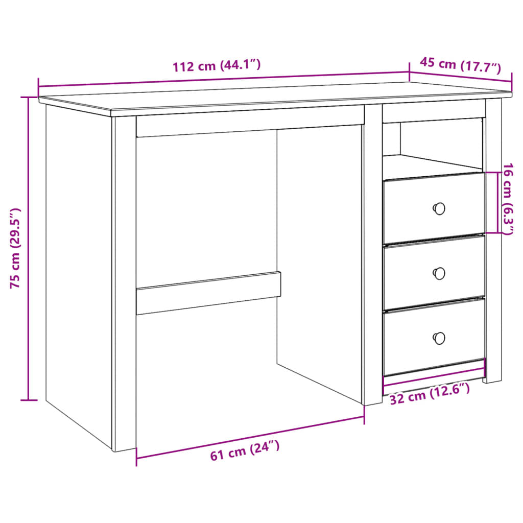 vidaXL Panama tömör fenyőfa íróasztal 112 x 45 x 75 cm