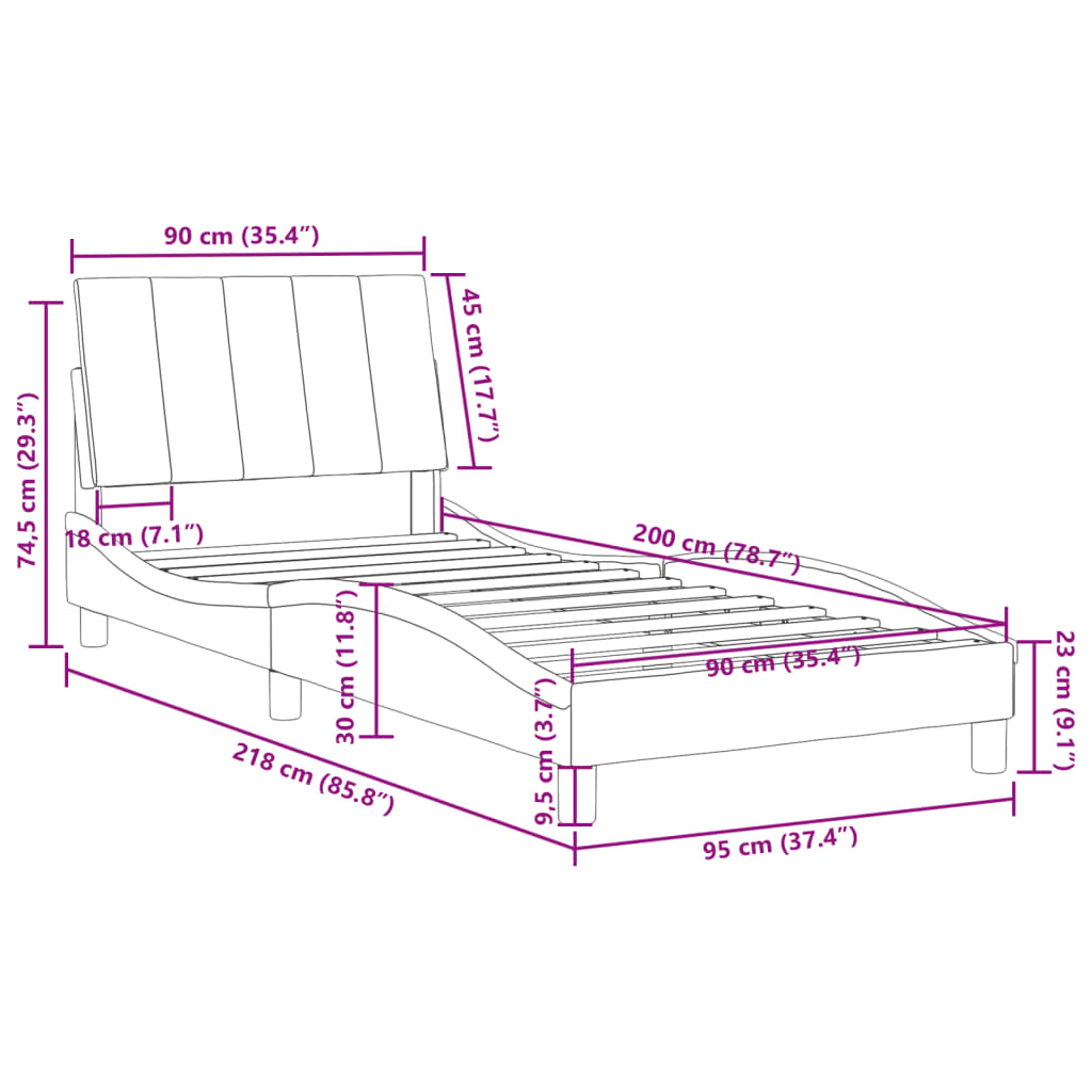 vidaXL fekete bársony ágykeret fejtámlával 90x200 cm