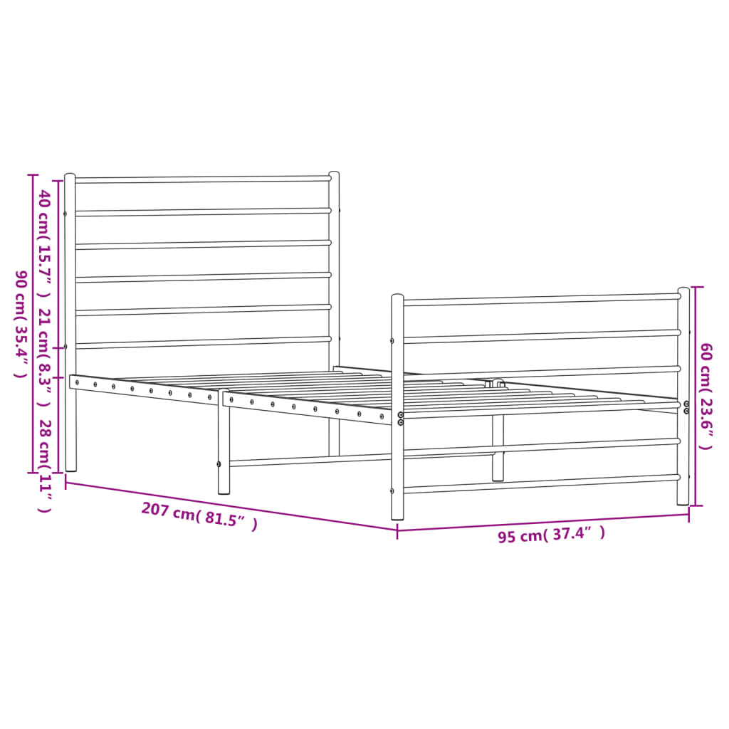 vidaXL fekete fém ágykeret fej- és lábtámlával 90 x 200 cm