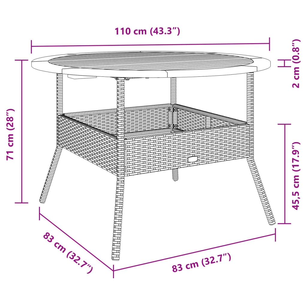 vidaXL bézs polyrattan kerti asztal akácfa lappal Ø110 x 71 cm