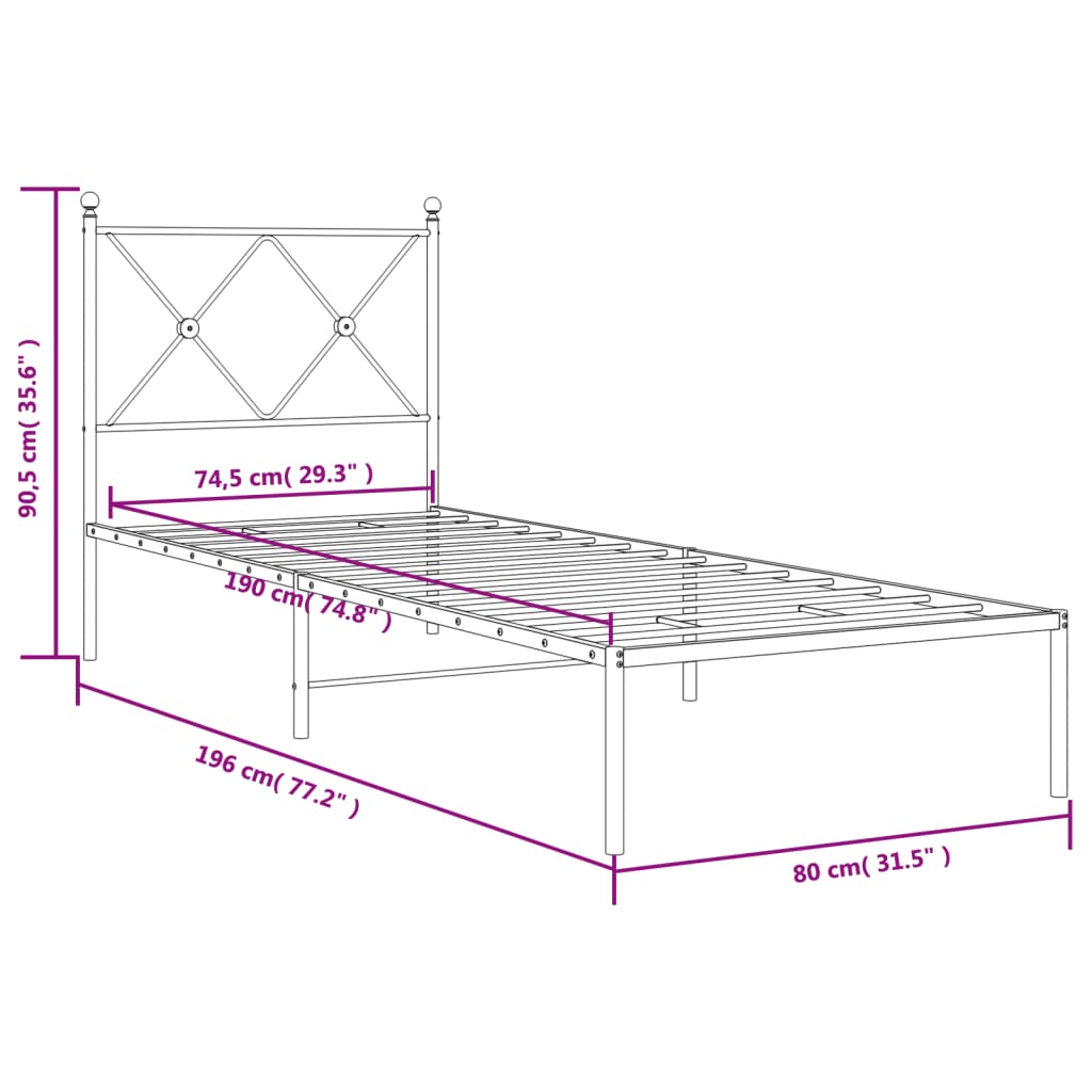 vidaXL fehér fém ágykeret fejtámlával 75 x 190 cm